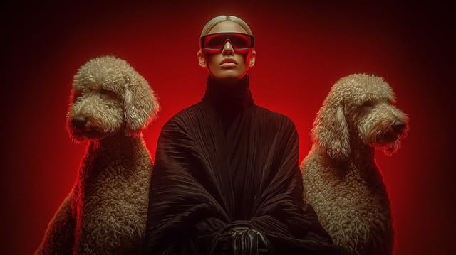 AP3 fashion visual — hooded figure flanked by two dogs.